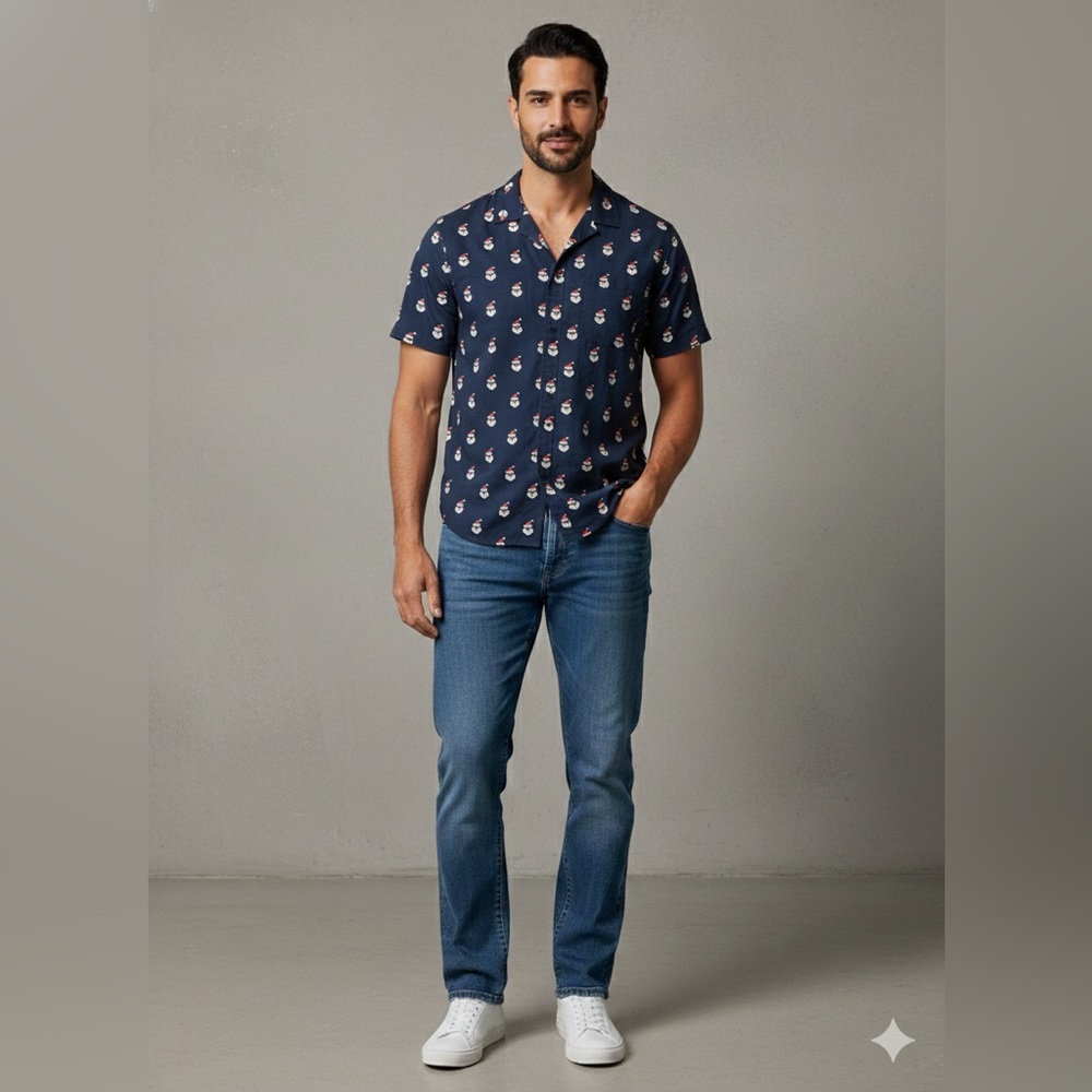 Primark Festive Navy Blue Santa Print Casual Shirt